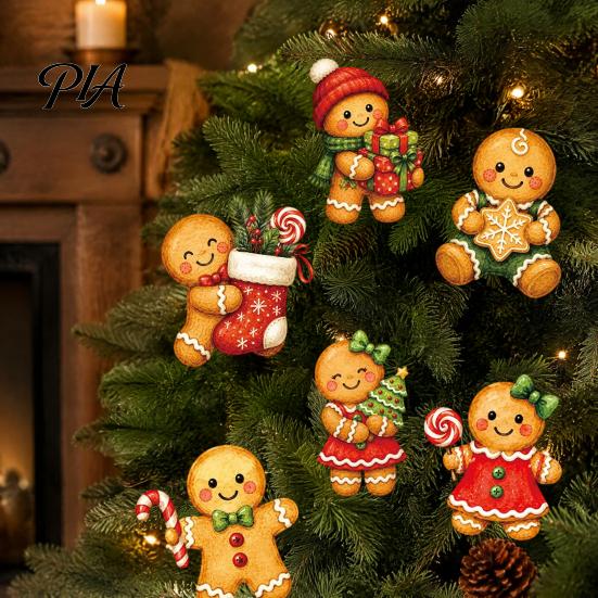 Gingerbread Man Party Supplies 6 Pcs Large Christmas Tree Picks, Wooden Santa Snowman Ornaments, Xmas Quick Installation Decor Topper Decoration