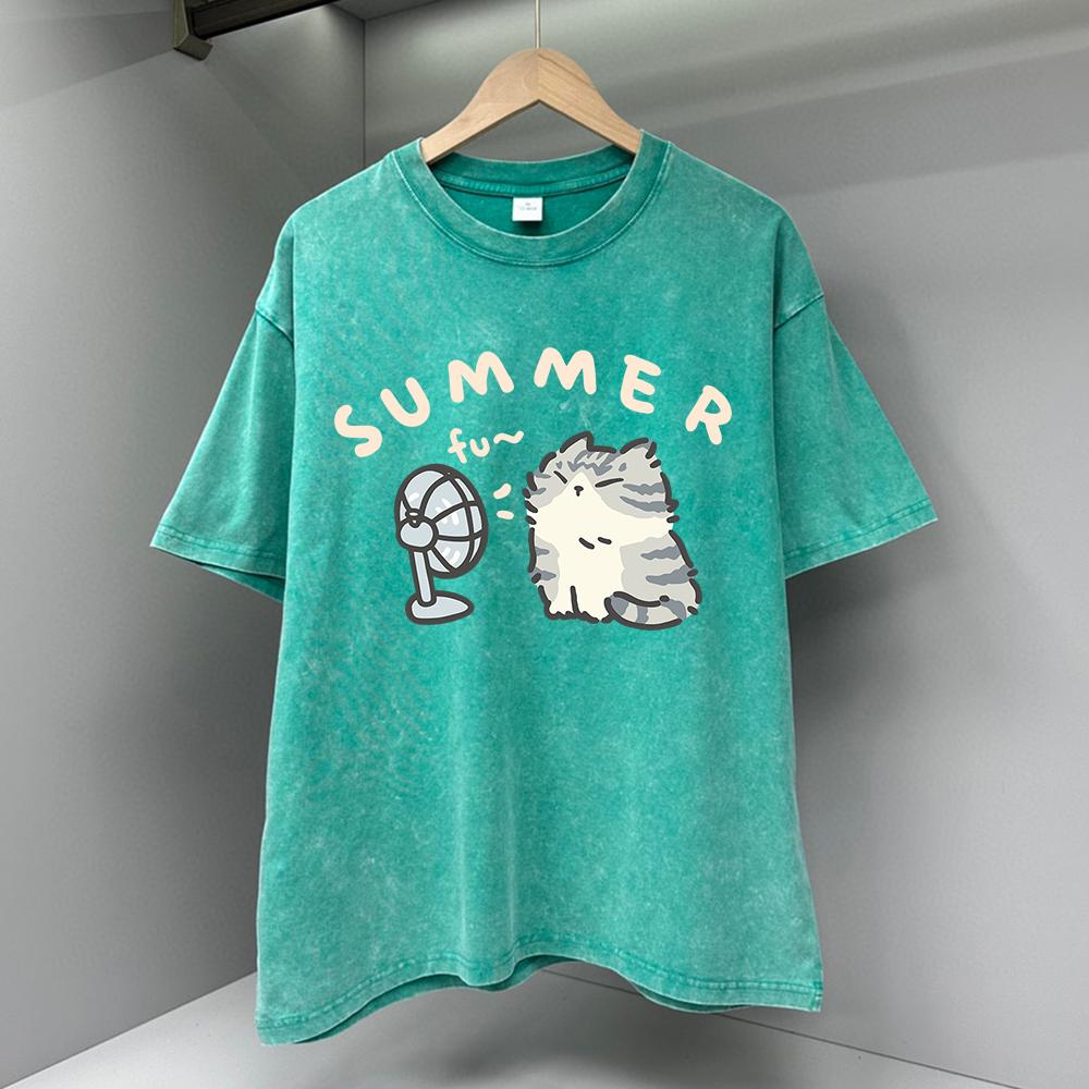 Футболки с принтом мультяшного кота, дующего в вентилятор, для мужчин, модная одежда с круглым вырезом, футболка большого размера, дышащая футболка