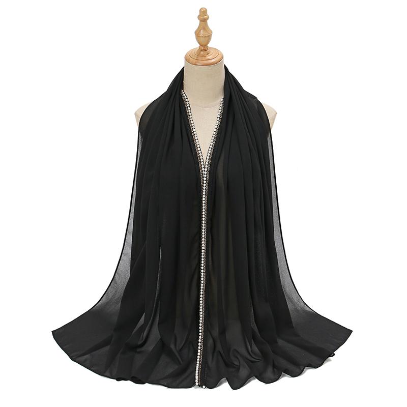 Новый Рамадан Шифоновый Хиджаб Шарф с Жемчужными Бусинами Мусульманский Хиджаб с Цепочкой Однотонные Длинные Шали Головной Платок Обмотки Исламская Повязка на Голову