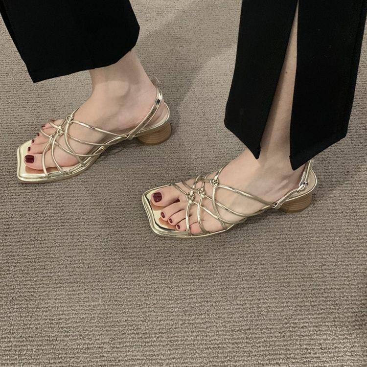 Дизайн Sense Niche Квадратная Голова Высокий Каблук Тапочки Серебряные Сандалии Женские Весенние Сандалии Модные Римские Туфли