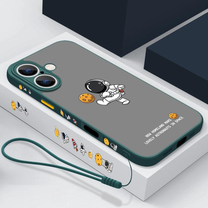 Матовый прозрачный чехол с рисунком лунного астронавта для iPhone 16 Pro Max 15 Plus 14 13 Pro 12 11 XR, защитный ремешок для объектива, противоударный, мягкий, тонкий чехол для телефона