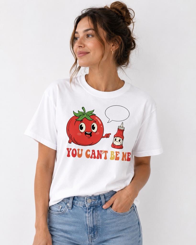 Funny Tomato vs Ketchup T-Shirt | You Can’t Be Me Graphic Tee | Food Pun Humor S