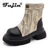 Fujin 6cm New Genuine Leather Denim Ankle Mid Calf Boots Platform Block Booties Autumn Spring Women Motorcycle Thick Heels Shoes