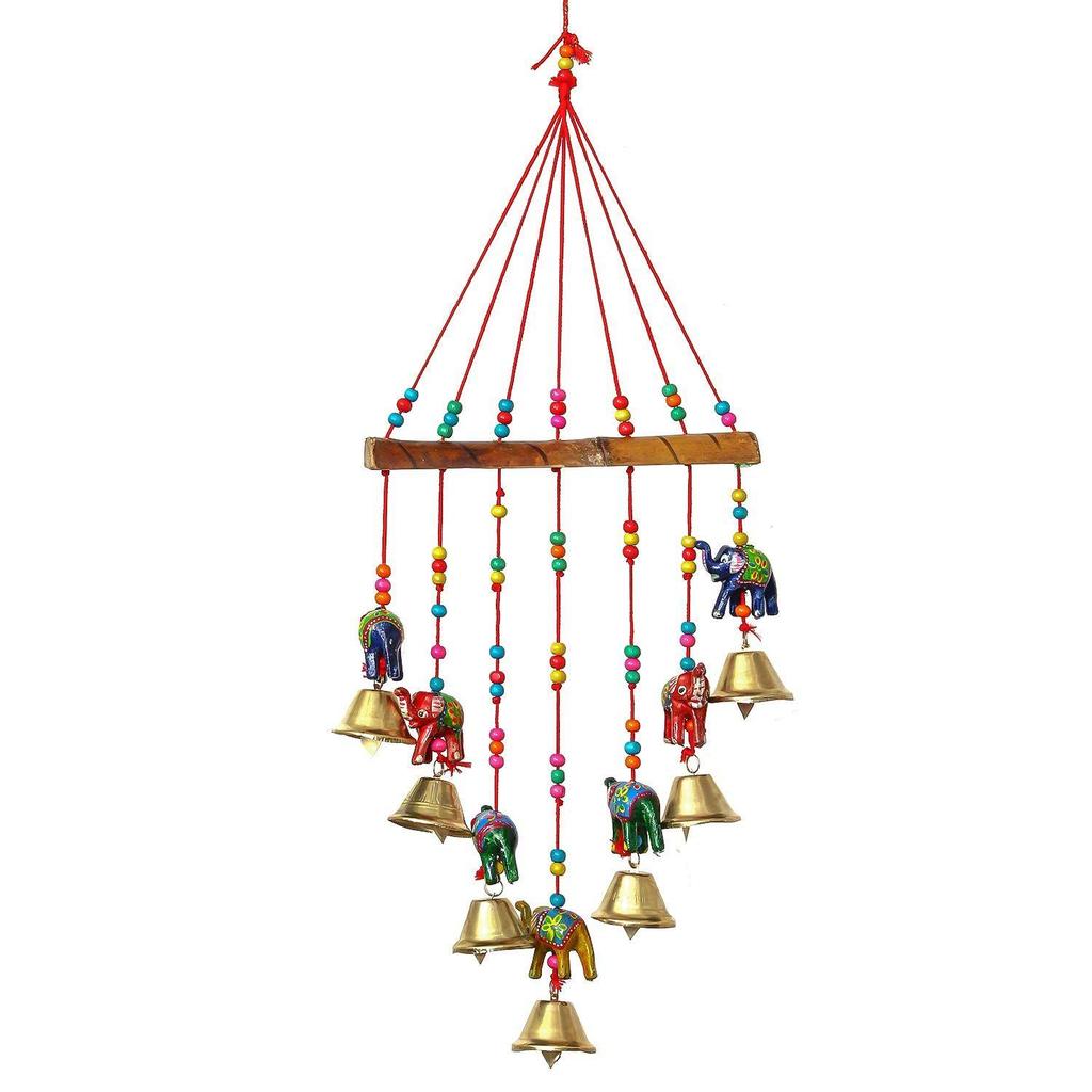 Multicolour Handcrafted Decorative Seven Elephant Hanging Bells Chimes Showpiece for Home Decor, Wall Decor, Pooja Room Temple, Diwali Gift