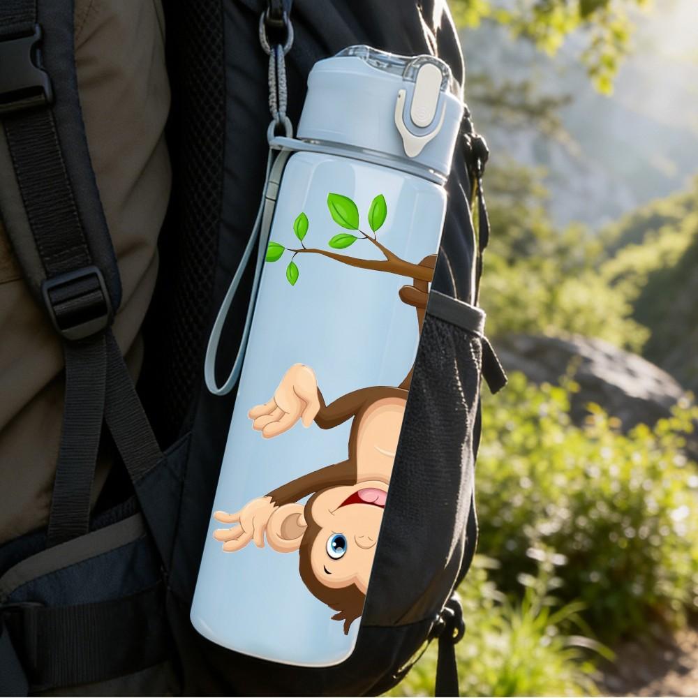 1PC Hanging Monkey Jungle Animal Drawing 750ml Color Plastic Sports Water Bottle Leakproof Flip Straw Lid Suitable for Sports Office Home Use