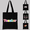 Women's Black Shopping Bag Casual Large-capacity Teacher Pattern Printing Series Canvas Shoulder Bag Student Handbag Reusable