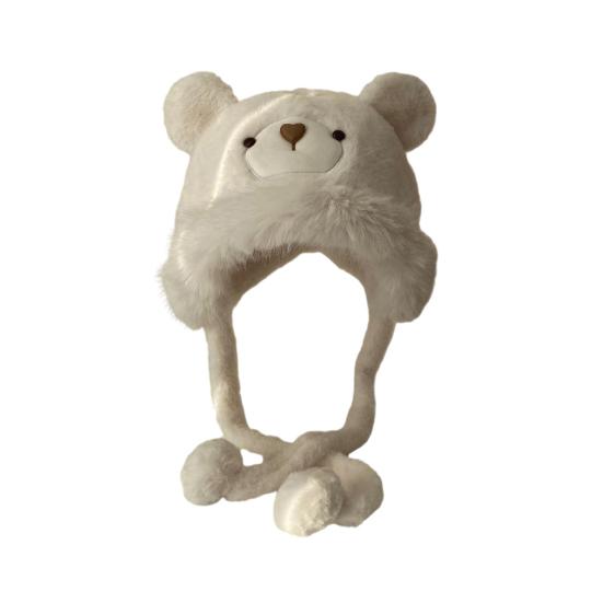 Women Hat Solid Color Thickened Plush Bear Warm Hat with Ear Protection Function Winter Outdoor Daily Cycling Lei Feng Hat