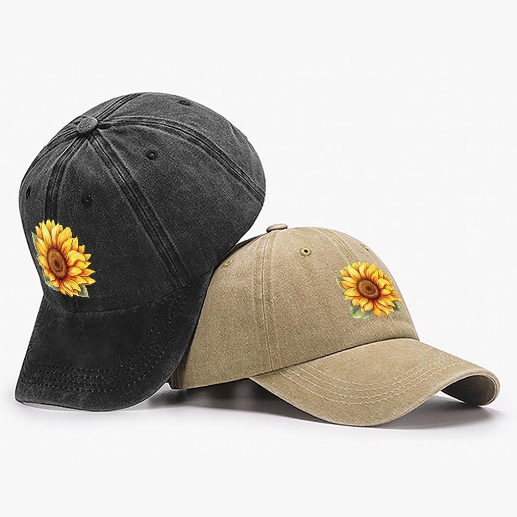 Sunflower Print Cotton Baseball Cap, Floral Pattern Distressed Sport Hat With Adjustable Closure, Sun Protection Peaked Cap