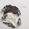 Kids' Plaid Color-Block T-Shirt~2025 Spring/Autumn Korean Mori Style Trendy for Boys & Girls