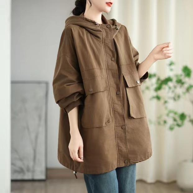 Johnature Woman Autumn Solid Color Hooded Drawstring Long Sleeves Coat Loose Casual Splicing Zipper Coat