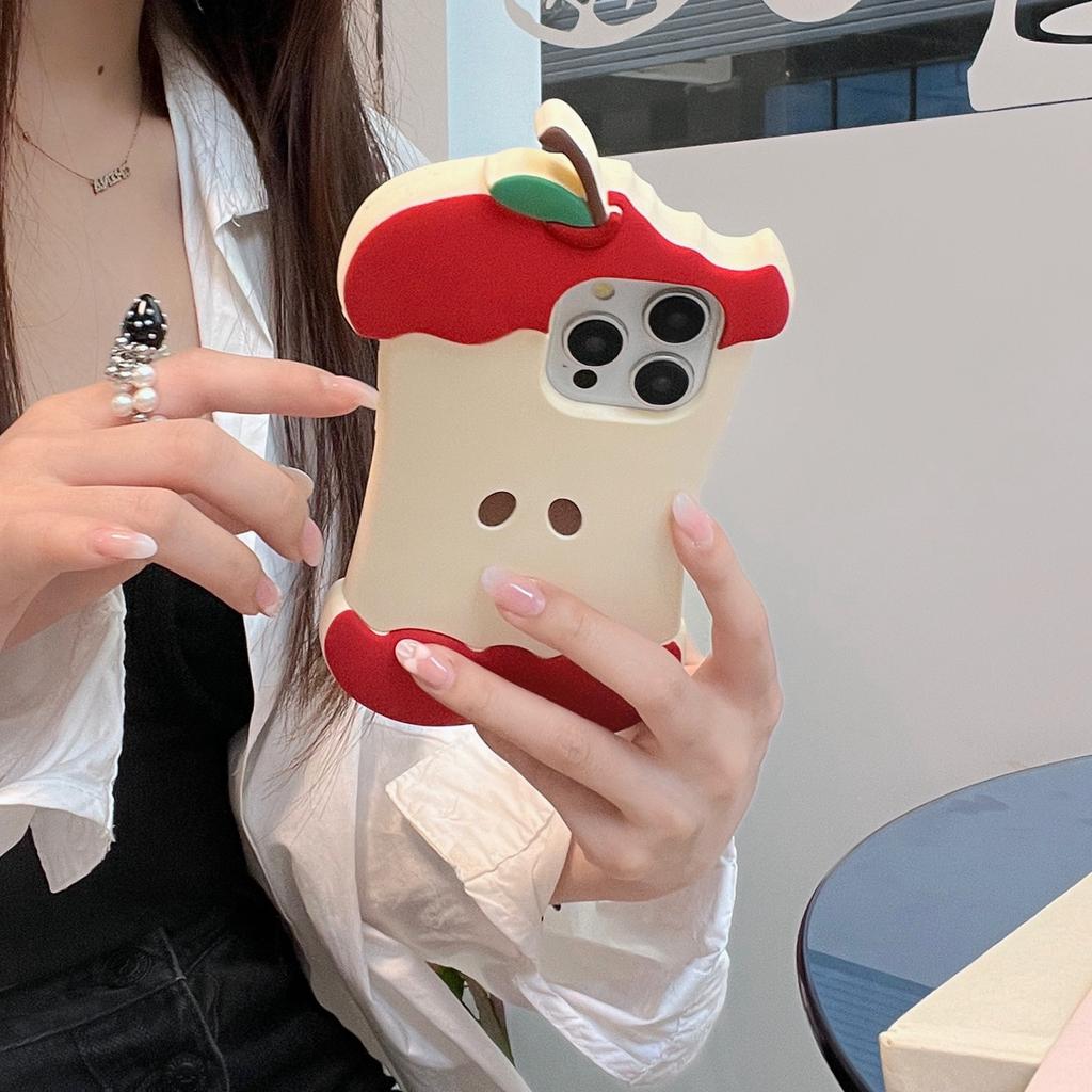 For iPhone 15 Pro Silicone Case Cute Eaten Apple Design Shockproof Phone Back Cover