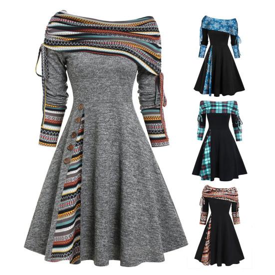 Женское осенне-зимнее платье-миди трапециевидной формы с открытыми плечами и длинными рукавами, клетчатое платье с принтом и пуговицами, декор для рождественской вечеринки