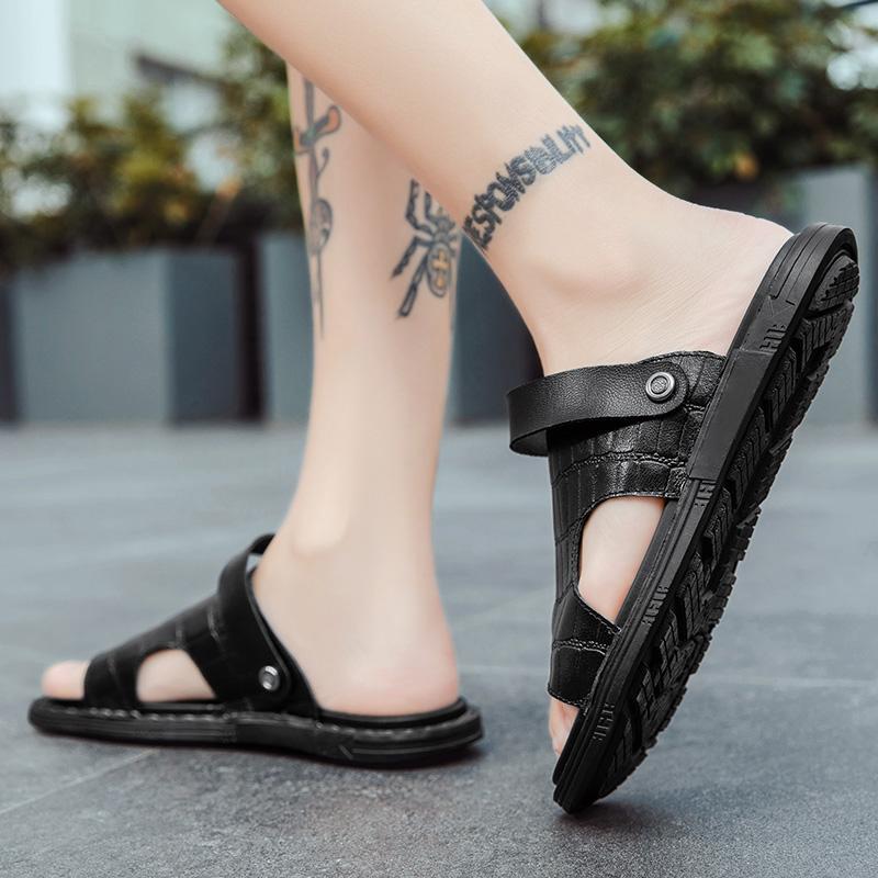 Summer New Genuine Leather Men Slipper Sandals Men Classic BlackBlack Comfort Sole Sandals Anti-skid Wear-resistant Casual Shoes