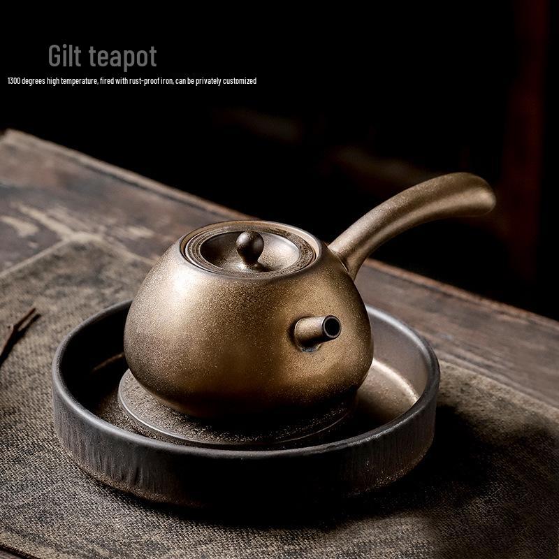Gilded Retro Handmade Ceramic Side-Handle Teapot with Filter - Gongfu Tea Set