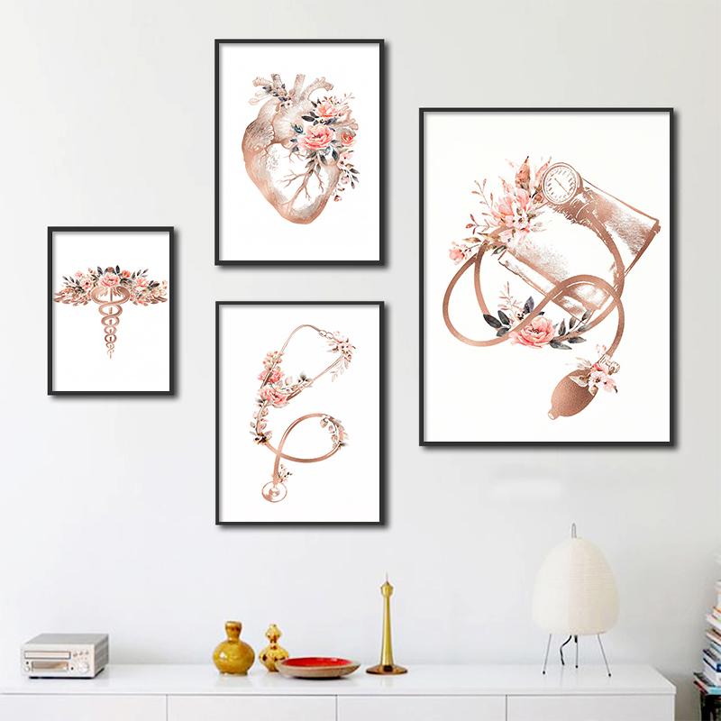 Flower Anatomy Canvas Painting Heart Lungs Skull Organ Poster Stethoscope Wall Art Printed Picture Medical Education Decoration