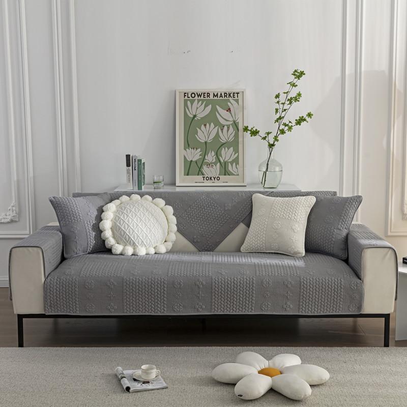 Pure Cotton Universal for All Seasons Sofa Cover Anti-slip Backside Cushion Living Room Solid Color Stitch Fabric Art Couch Mat
