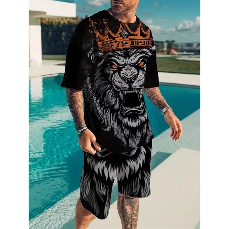 Летний мужской повседневный домашний костюм с 3D-принтом в виде льва в винтажном стиле, с круглым вырезом, короткими рукавами, шорты из двух частей, шорты на шнурке, праздничный костюм