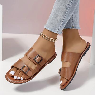 Туфли-лодочки на плоской подошве с большой пряжкой, женские сандалии с открытым носком в ретро-стиле для пляжа