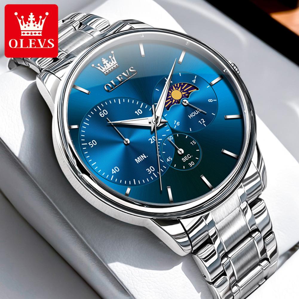 OLEVS Moon Phase Men's Watch Simple Casual Original Fashion Quartz Watch for Men Waterproof Luminous Stainleess Steel Wristwatch
