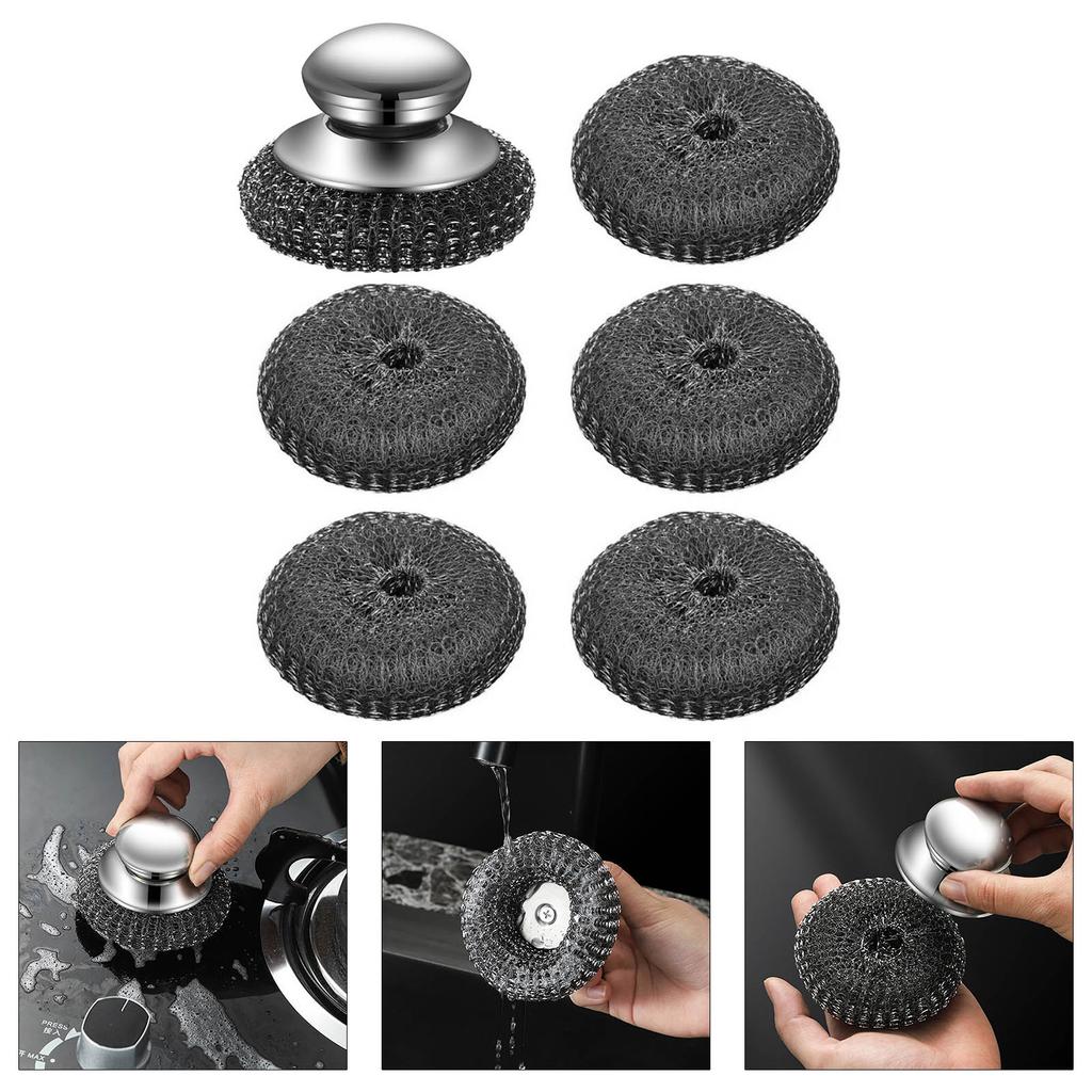 Прочная стальная мочалка с ручкой для эффективной очистки кухни от стойких загрязнений на различных поверхностях.