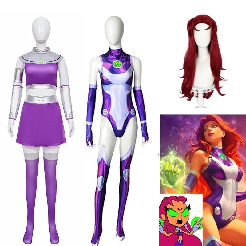 Starfire комбинезон супергероя зентай боди Хэллоуин аниме косплей костюм пикантные женские карнавальные наряды для вечеринок верхняя юбка плащ