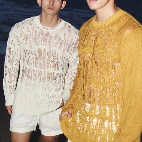 Men Tops Crew Neck Long Sleeve Knitted T-Shirt Men Clothing Retro Hollow-Out Mesh Knit Tops Spring Streetwear