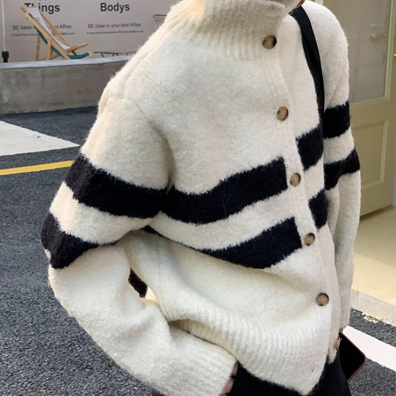 Французский винтажный полосатый свитер с высоким воротником, пальто, кардиган, женский 2023, осень/зима, новый свободный вязаный свитер, кардиган, женский топ