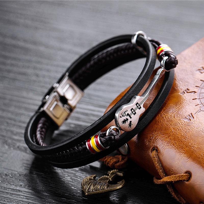 RUI RUI YU Мужской модный кожаный многослойный тканый браслет в форме гитары