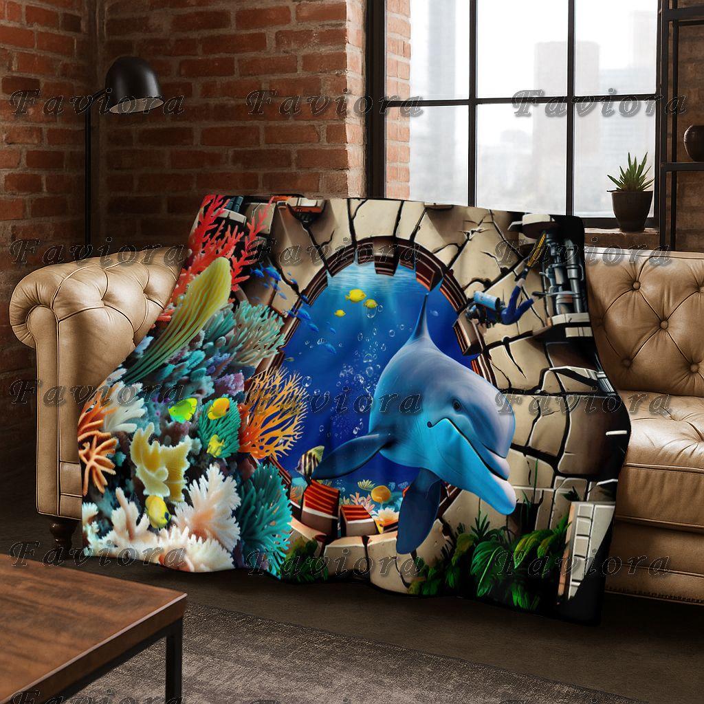 3D Illusion Sea Underwater World Dolphin 2026 New Flannel Blanket,Cozy Soft Throw Blanket for Home Bedroom Bed Sofa Cover Gift