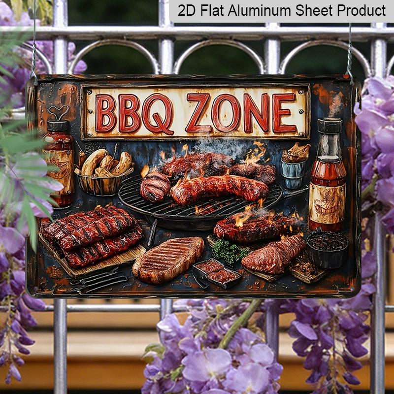 2D Flat, Vintage BBQ Zone Metal Sign - 12"x8" Rustic Aluminum Wall Decor with Grilling Meats & Condiments Design, Perfect for Home, Bar, or