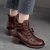 Summer Hollow-out Breathable Boots Genuine Leather Retro Round Toe Sandals Women Middle Heel Shoes
