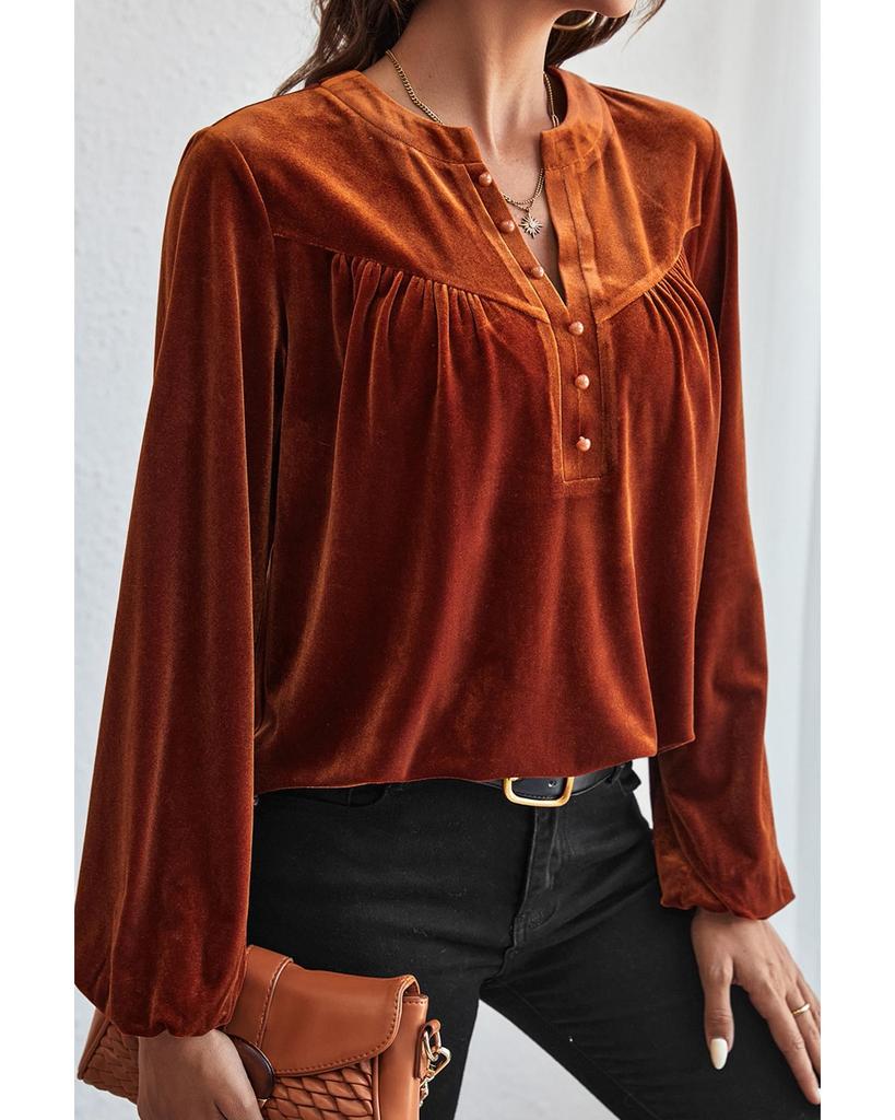 Azura Exchange Gold Flame Lantern Sleeve Beaded Split V Neck Velvet Top