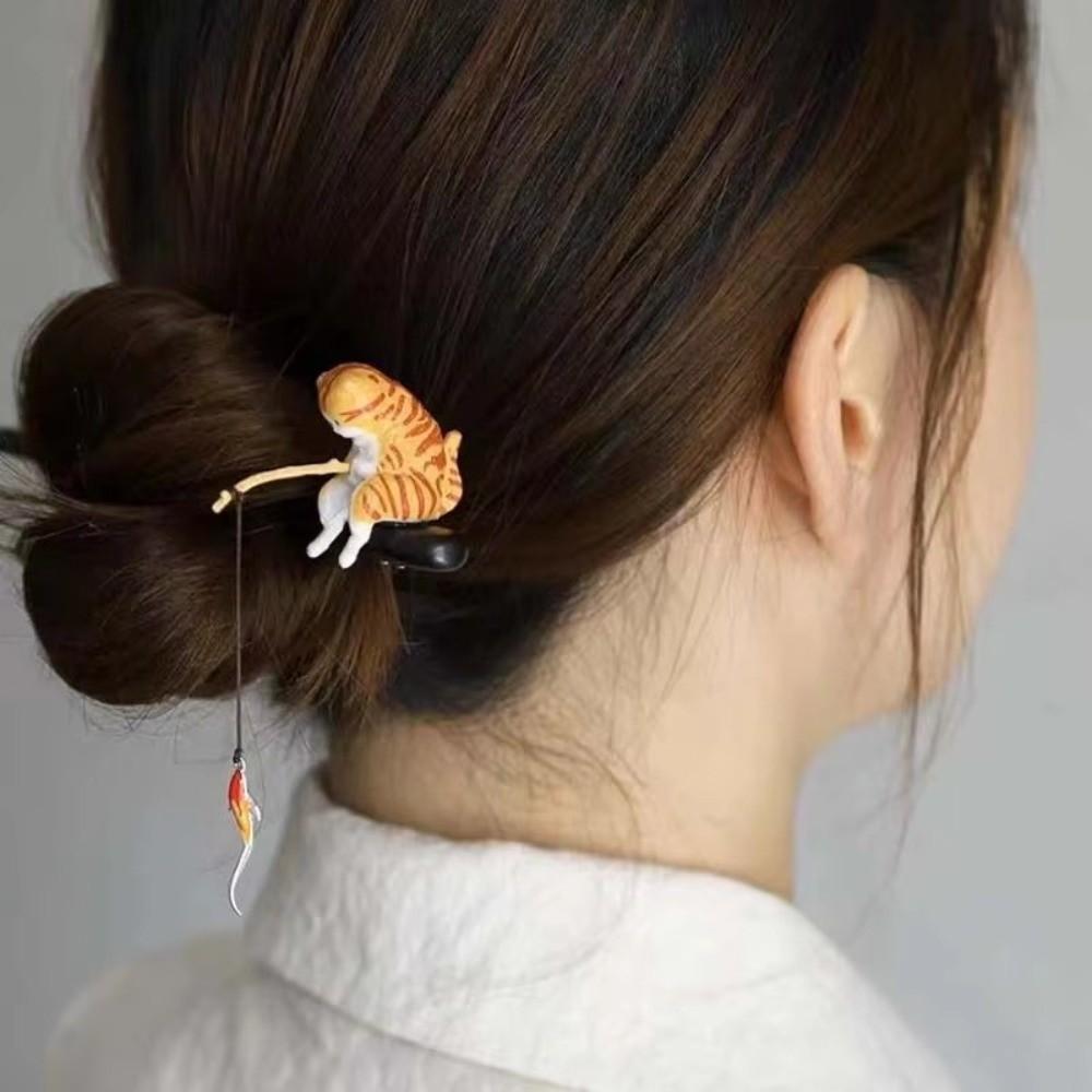 Chinese Style Cat Fishing Hair Stick Black Sandalwood Hanfu Hairpin Antique Wooden Hair Stick  Girl