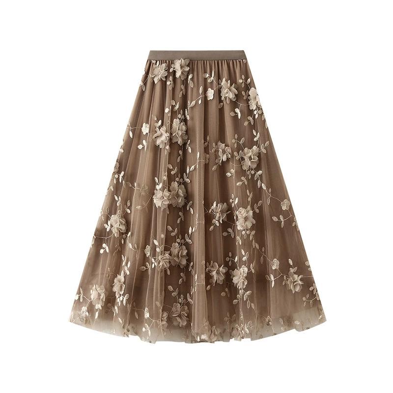 Mesh Embroidery Heavy Industry Half Length Skirt Large Size Yarn Skirt Spring A-line Artistic High Waist Long Skirt