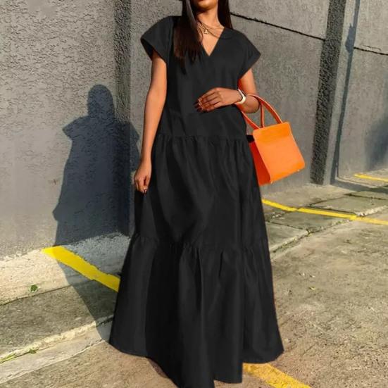 Women Summer Dress Loose V-neck Patchwork Short Sleeves Party Wearing A-line Full Length Lady Maxi Dress Female Clothes