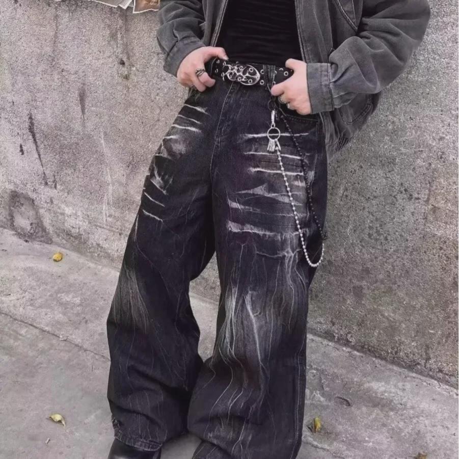 Унисекс-американские уличные модные прямые джинсы с эффектом потертости - модные свободные широкие брюки из денима