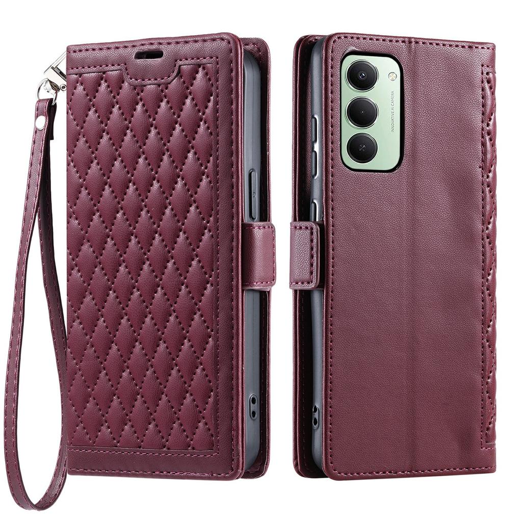 For Xiaomi Redmi 15 5G (EU) (171mm)/4G (EU) (171mm) Leather Case Rhombus Texture Wallet Stand Phone Cover with Wrist Strap