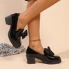 Bowknot Decoration Black Patent Leather Loafers Women 2025 Summer Round Toe High Heel Pumps Elegant Office Dress Slip On Shoes