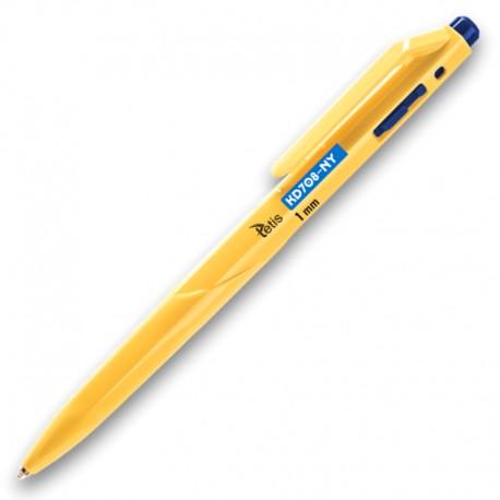 1 mm ballpoint pen. Blue oil-based refill. Yellow casing.