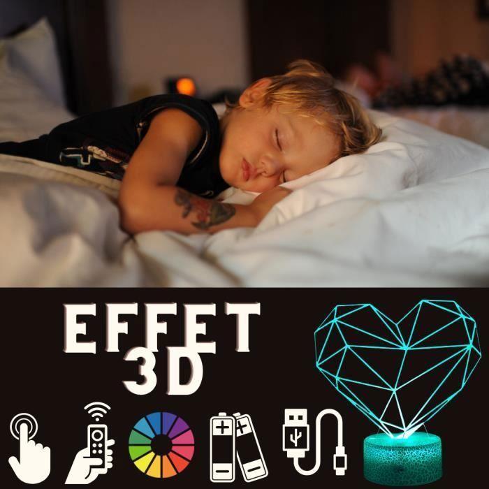 Lampe de Chevet 3D LED - Fabriquée en France - Coeur Stylisé - Multicolore - Télécommande - Tactile
