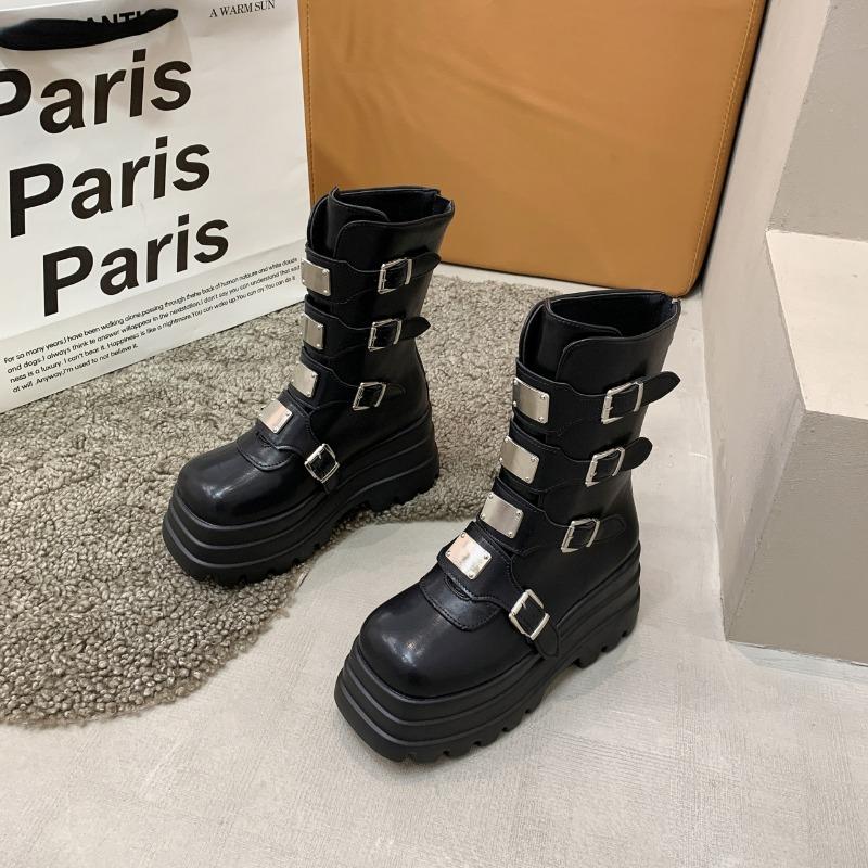 Новые Металлические Украшения Женские Ботинки Боковая Молния Круглый Носок Толстая Подошва Пряжка на Ремне Женская Обувь Мода Панк Стиль Ботинки до Середины Икры