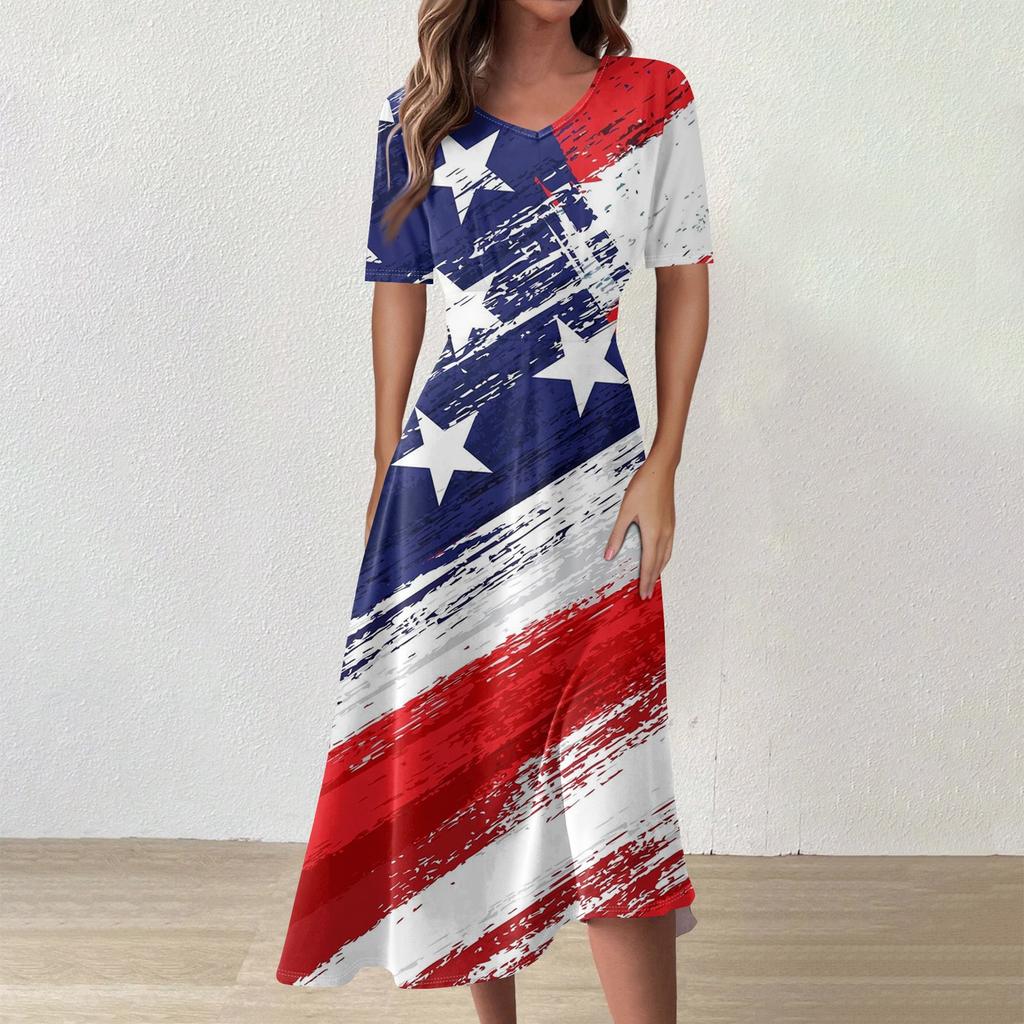Ladies Casual Fashion Print V-Neck Short Sleeve Waist Long Swing Dress
