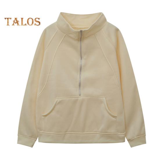 Зимняя осенняя женская толстовка с застежкой-молнией на половину длины, воротник-стойка, плюш, длинные рукава, накладные карманы, эластичные манжеты, однотонный пуловер для тренировок, повседневный топ