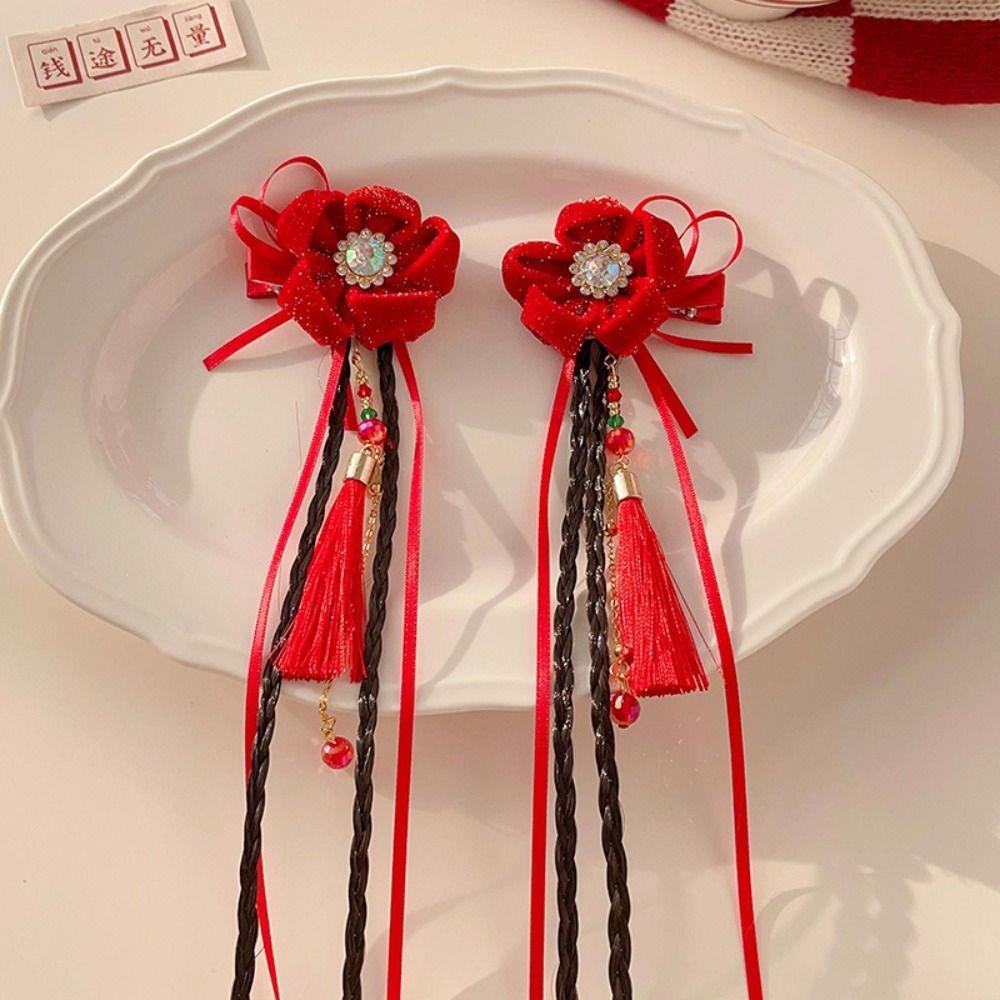 2pcs Hanfu Headdress Children Red Hairclip Flower Tassel Bow Wig Braid Hairpin New Year Headwear