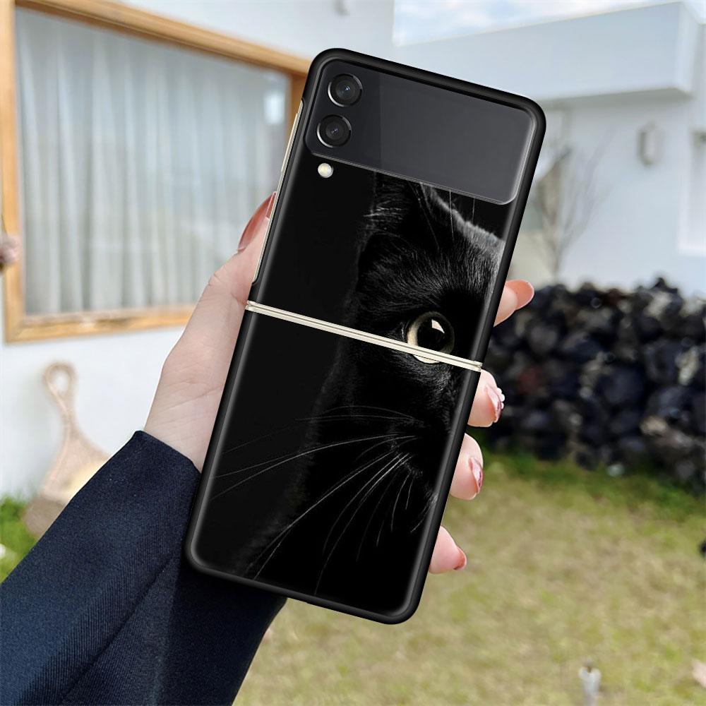 Роскошный чехол для Samsung Galaxy Z Flip 4 3 5G, черный ПК, жесткие чехлы для телефонов, модная задняя крышка ZFlip Funda, милый Aniaml Cat Shell Sac