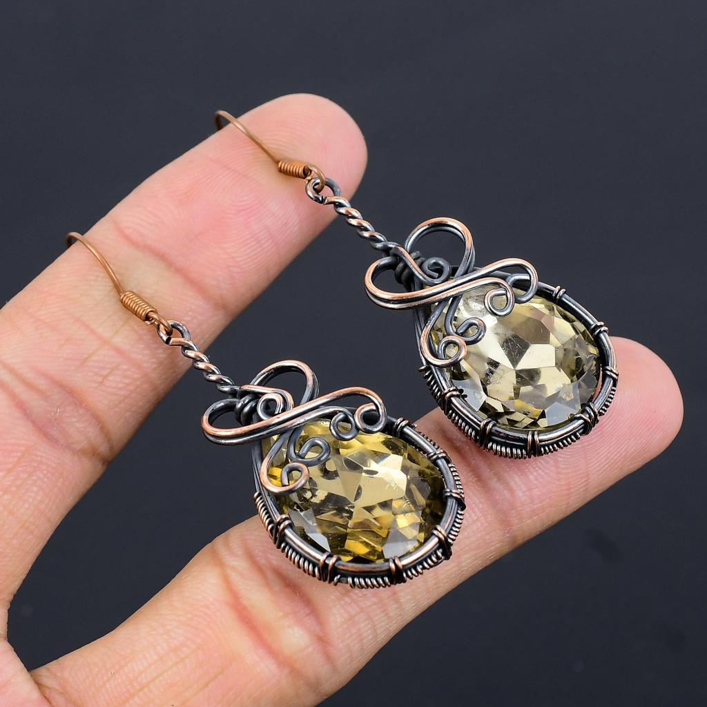 Серьги с дымчатым топазом, ювелирные изделия с драгоценными камнями, серьги, обернутые медной проволокой 999 пробы, красивые серьги ручной работы
