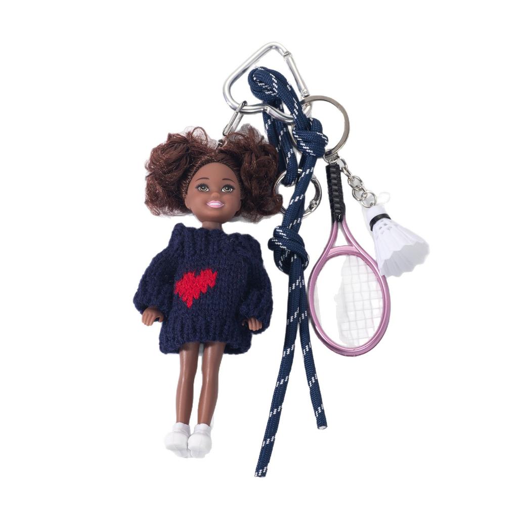 Black Leather Doll Keychain Mini Tennis Jewelry Mobile Phone Bag Pendant DIY Decoration
