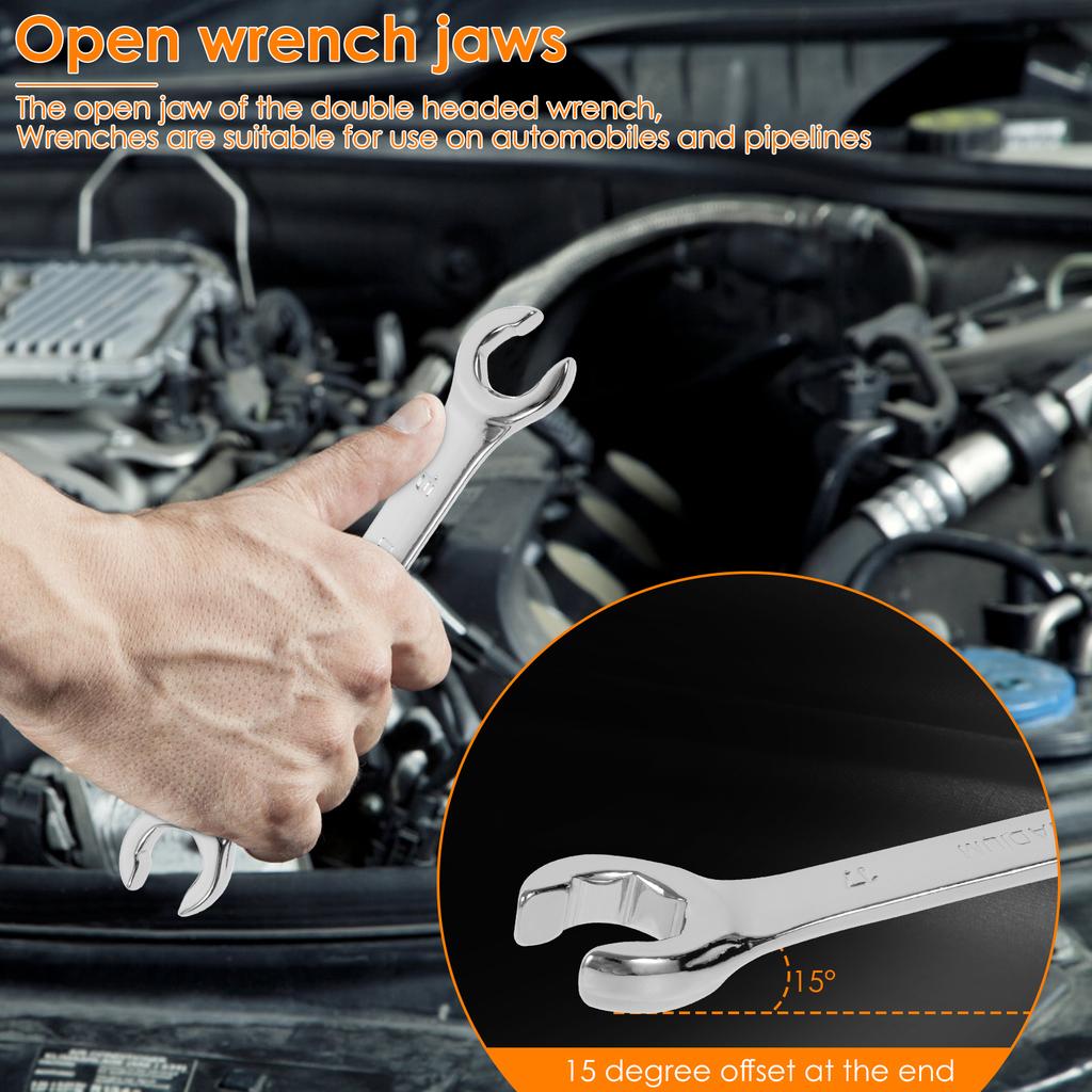 3 Pcs Metric Flare Nut Spanner Set Double End Open Ring Spanner Set Chrome Vanadium Steel Brake Line Wrench for Mechanics