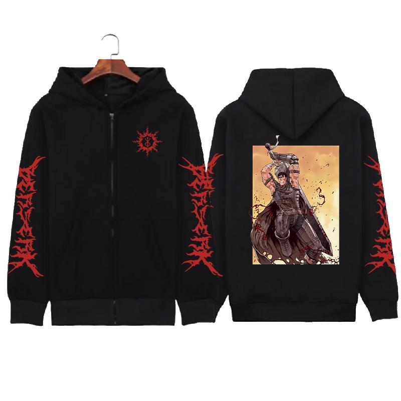 Skull Berserk Zip Up Hoodie Manga Graphic Print Zipper Sweatshirts Men Unisex Long Sleeves Fleece Hooded Streetwear Coats