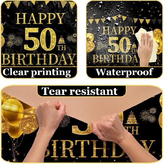 3 Pack Black Gold 50th Birthday Tablecloth, Rectangular Plastic Table Cover, 42.5x70.8 Inches, Happy 50 Birthday Decoration for Party Supplies
